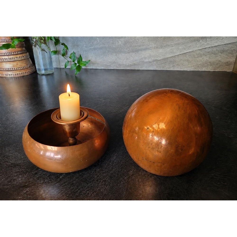 Vintage Copper Orb Candle‎ Holder Mid Century Modern Sphere Decor